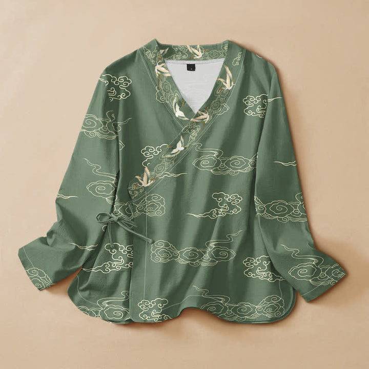 Kimono da donna a maniche lunghe con scollo a V e allacciatura, stampa di gru e nuvole di buon auspicio in cotone con motivo Buddha Stones . - Verde Mare Medio - US16, UK/AU20, EU48 (3XL) - image 7