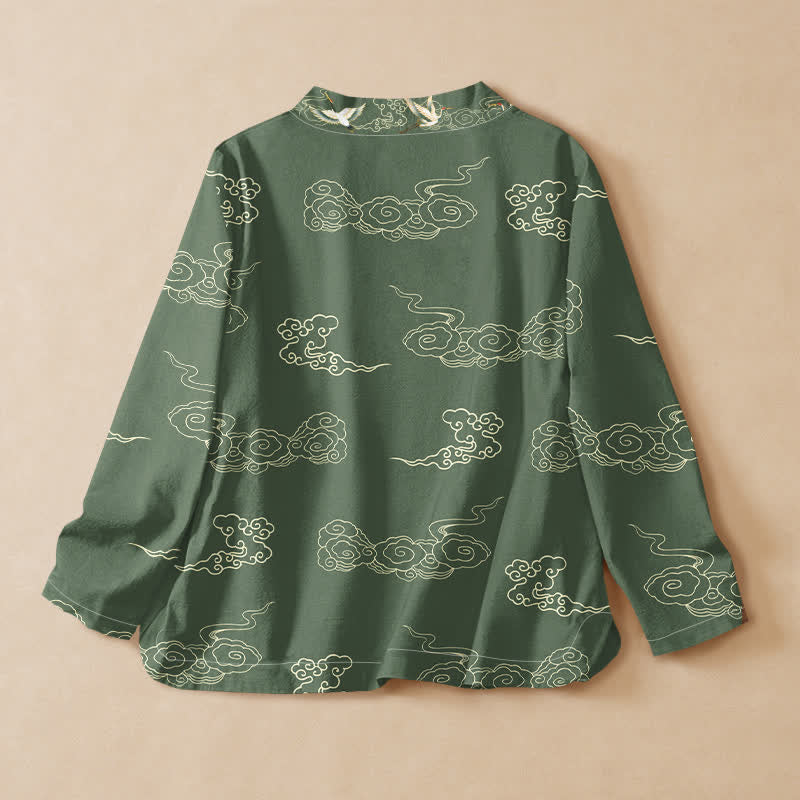 Kimono da donna a maniche lunghe con scollo a V e allacciatura, stampa di gru e nuvole di buon auspicio in cotone con motivo Buddha Stones . - image 8