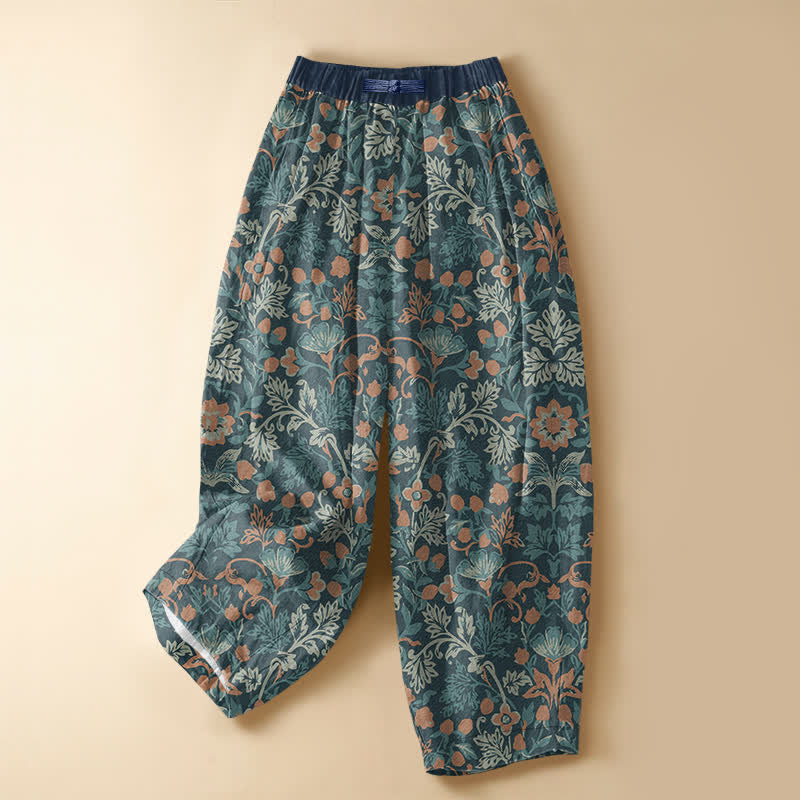 Buddha Stones Pantaloni harem da donna in puro cotone, stile bohémien, con motivo floreale e viticci, bottoni a rana e vita elasticizzata, con tasche. - Verde acqua - US16, UK/AU20, EU48 (3XL) - image 7