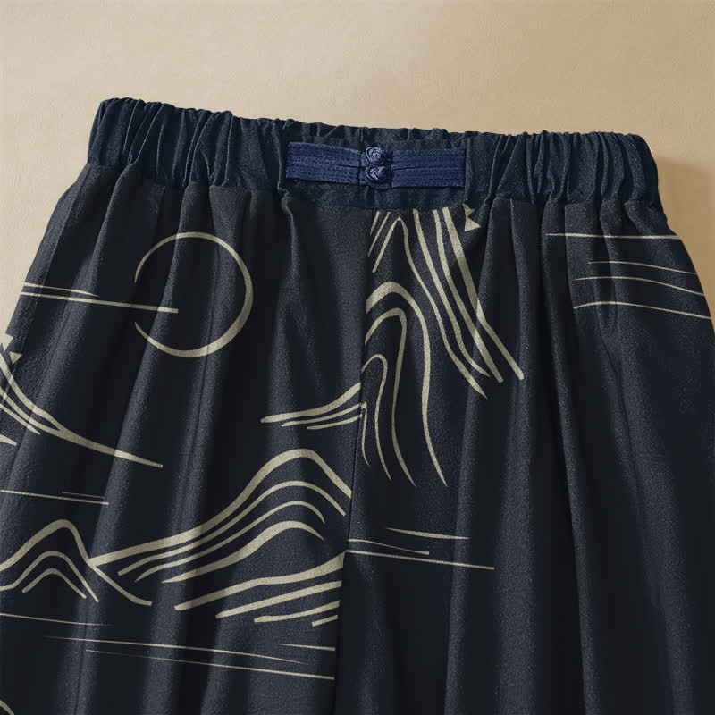 Buddha Stones Pantaloni harem da donna in puro cotone con motivo vintage montagna e nuvole, bottoni a rana, vita elasticizzata e tasche. - image 2