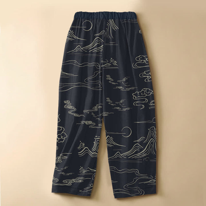 Buddha Stones Pantaloni harem da donna in puro cotone con motivo vintage montagna e nuvole, bottoni a rana, vita elasticizzata e tasche. - image 1