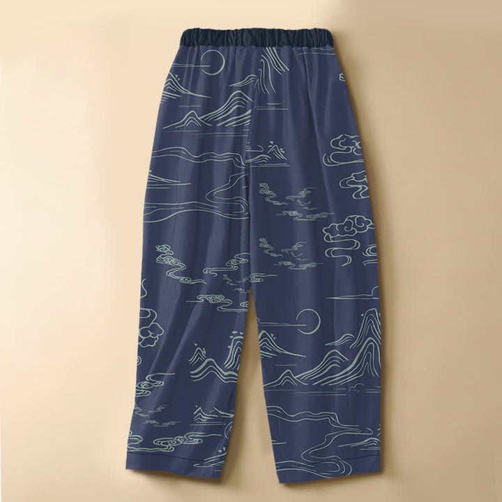Buddha Stones Pantaloni harem da donna in puro cotone con motivo vintage montagna e nuvole, bottoni a rana, vita elasticizzata e tasche. - image 6