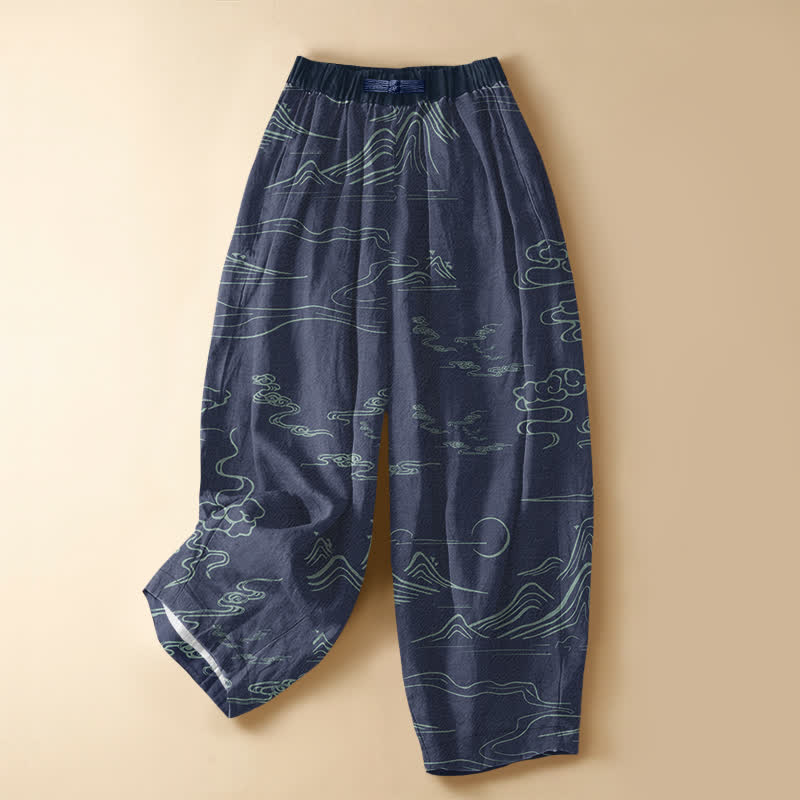 Buddha Stones Pantaloni harem da donna in puro cotone con motivo vintage montagna e nuvole, bottoni a rana, vita elasticizzata e tasche. - SteelBlue - US16, UK/AU20, EU48 (3XL) - image 5