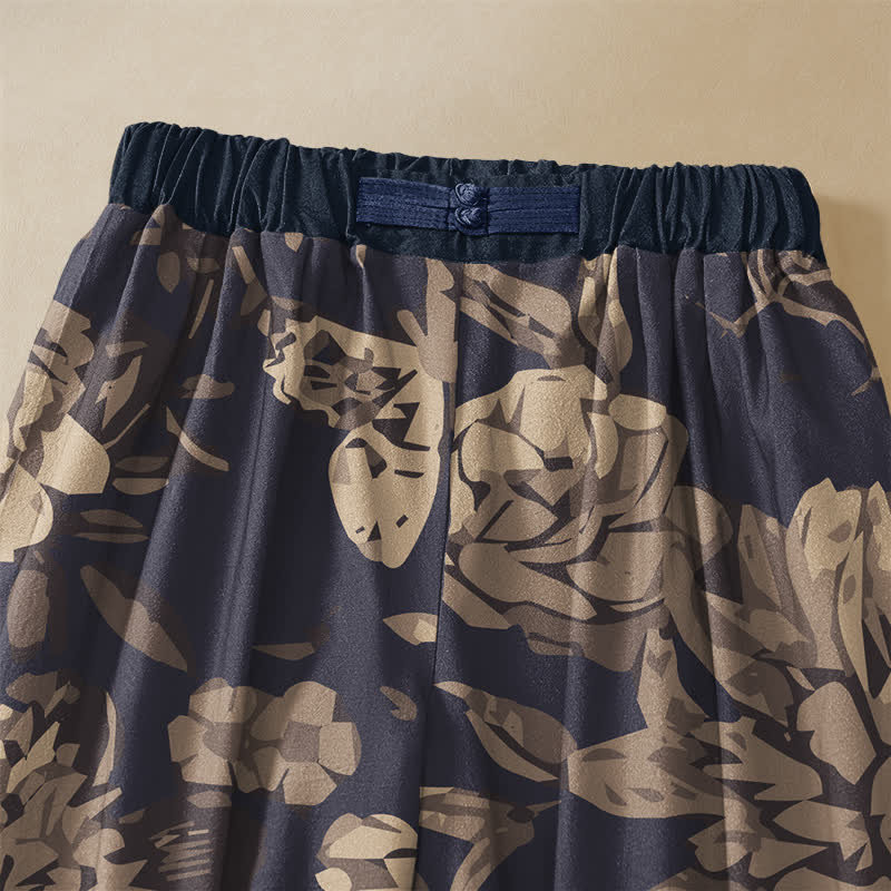Buddha Stones Pantaloni harem da donna in puro cotone con motivo floreale di peonia e foglie, chiusura con bottoni a rana e vita elasticizzata, con tasche. - image 2