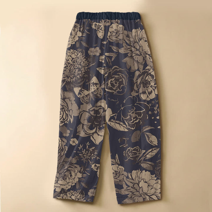Buddha Stones Pantaloni harem da donna in puro cotone con motivo floreale di peonia e foglie, chiusura con bottoni a rana e vita elasticizzata, con tasche. - image 1