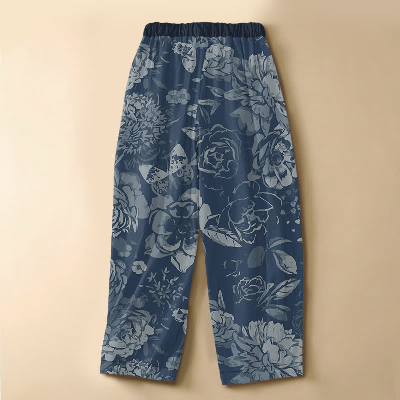 Buddha Stones Pantaloni harem da donna in puro cotone con motivo floreale di peonia e foglie, chiusura con bottoni a rana e vita elasticizzata, con tasche. - image 6