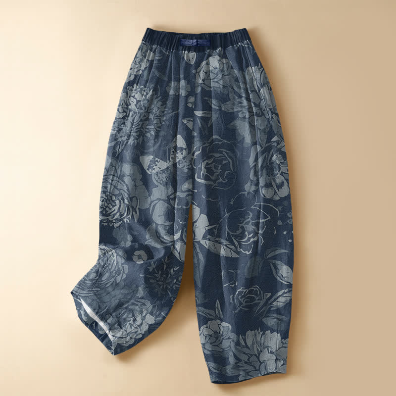 Buddha Stones Pantaloni harem da donna in puro cotone con motivo floreale di peonia e foglie, chiusura con bottoni a rana e vita elasticizzata, con tasche. - SteelBlue - US16, UK/AU20, EU48 (3XL) - image 5