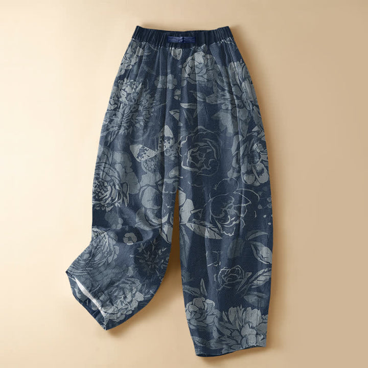 Buddha Stones Pantaloni harem da donna in puro cotone con motivo floreale di peonia e foglie, chiusura con bottoni a rana e vita elasticizzata, con tasche. - SteelBlue - US16, UK/AU20, EU48 (3XL) - image 5