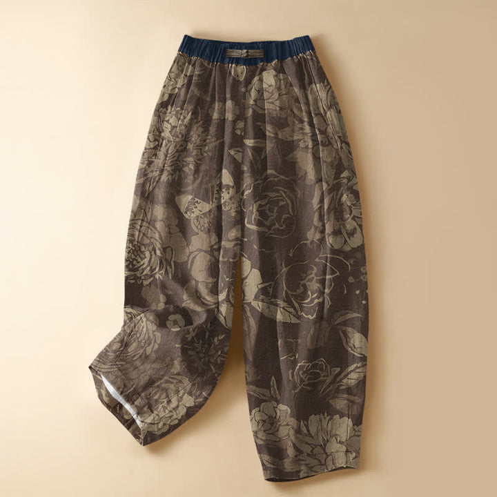 Buddha Stones Pantaloni harem da donna in puro cotone con motivo floreale di peonia e foglie, chiusura con bottoni a rana e vita elasticizzata, con tasche. - Marrone sella - US16, UK/AU20, EU48 (3XL) - image 7