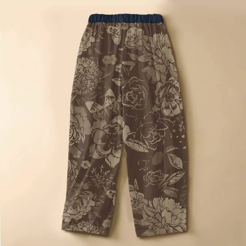Buddha Stones Pantaloni harem da donna in puro cotone con motivo floreale di peonia e foglie, chiusura con bottoni a rana e vita elasticizzata, con tasche. - image 8