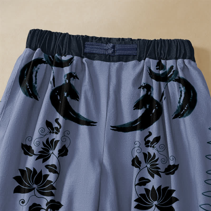 Buddha Stones Pantaloni harem da donna in puro cotone etnico con motivo ruota del Dharma, loto e OM, bottoni a rana, vita elasticizzata e tasche. - image 2