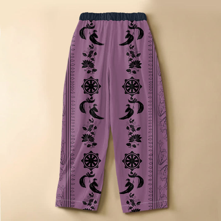 Buddha Stones Pantaloni harem da donna in puro cotone etnico con motivo ruota del Dharma, loto e OM, bottoni a rana, vita elasticizzata e tasche. - image 6