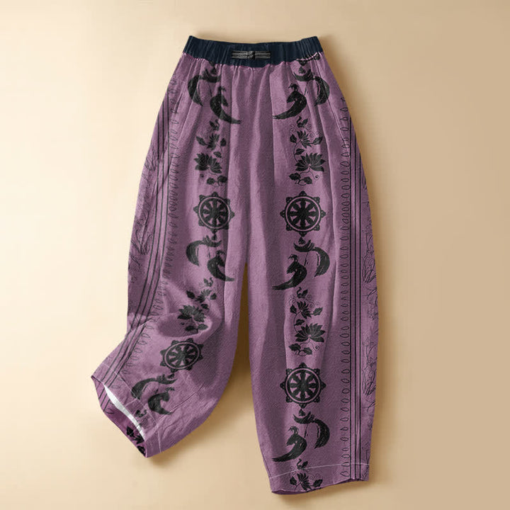 Buddha Stones Pantaloni harem da donna in puro cotone etnico con motivo ruota del Dharma, loto e OM, bottoni a rana, vita elasticizzata e tasche. - Prugna - US16, UK/AU20, EU48 (3XL) - image 5