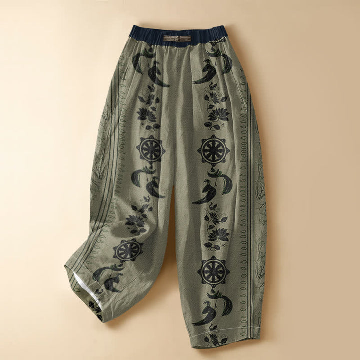 Buddha Stones Pantaloni harem da donna in puro cotone etnico con motivo ruota del Dharma, loto e OM, bottoni a rana, vita elasticizzata e tasche. - Verde oliva - US16, UK/AU20, EU48 (3XL) - image 7
