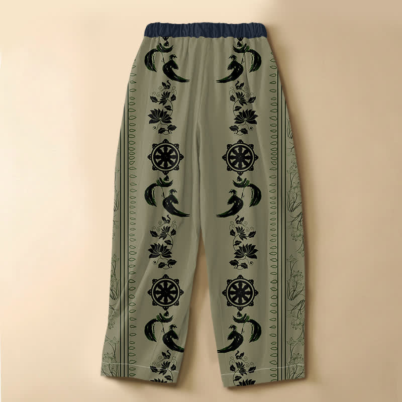 Buddha Stones Pantaloni harem da donna in puro cotone etnico con motivo ruota del Dharma, loto e OM, bottoni a rana, vita elasticizzata e tasche. - image 8