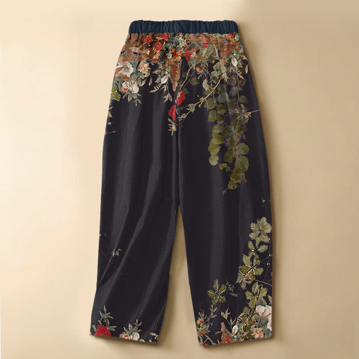 Buddha Stones Pantaloni harem da donna in puro cotone con motivo floreale vintage di peonie e viticci, chiusura con bottoni a rana e vita elasticizzata, con tasche. - image 1
