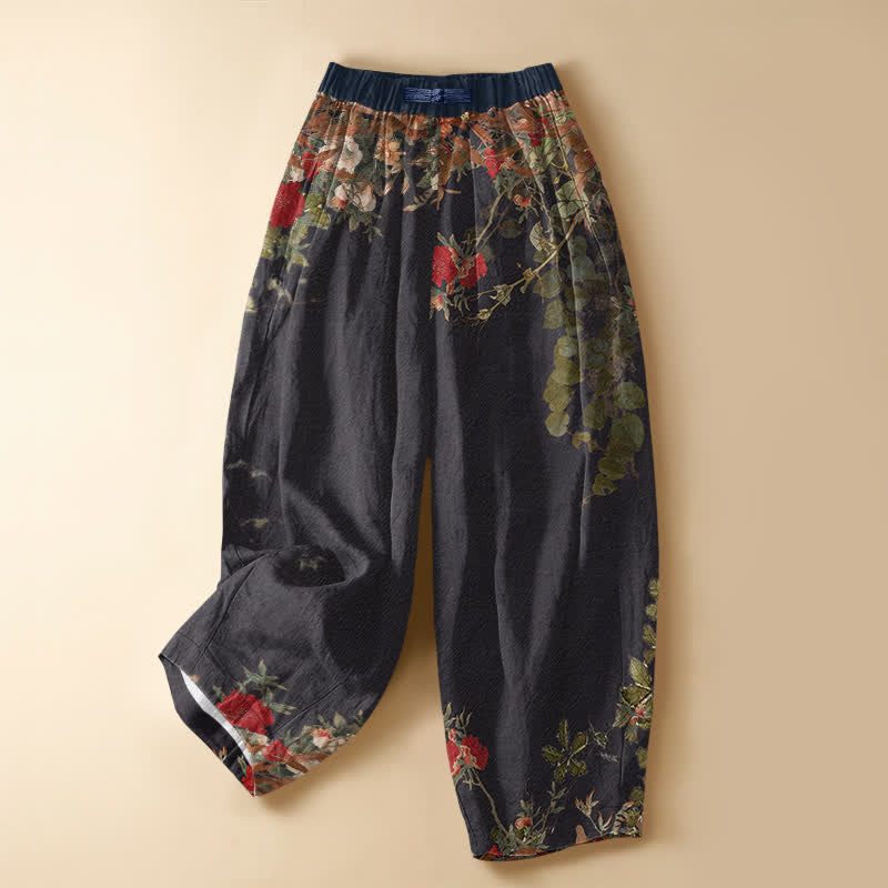 Buddha Stones Pantaloni harem da donna in puro cotone con motivo floreale vintage di peonie e viticci, chiusura con bottoni a rana e vita elasticizzata, con tasche. - Nero - US16, UK/AU20, EU48 (3XL) - image 0