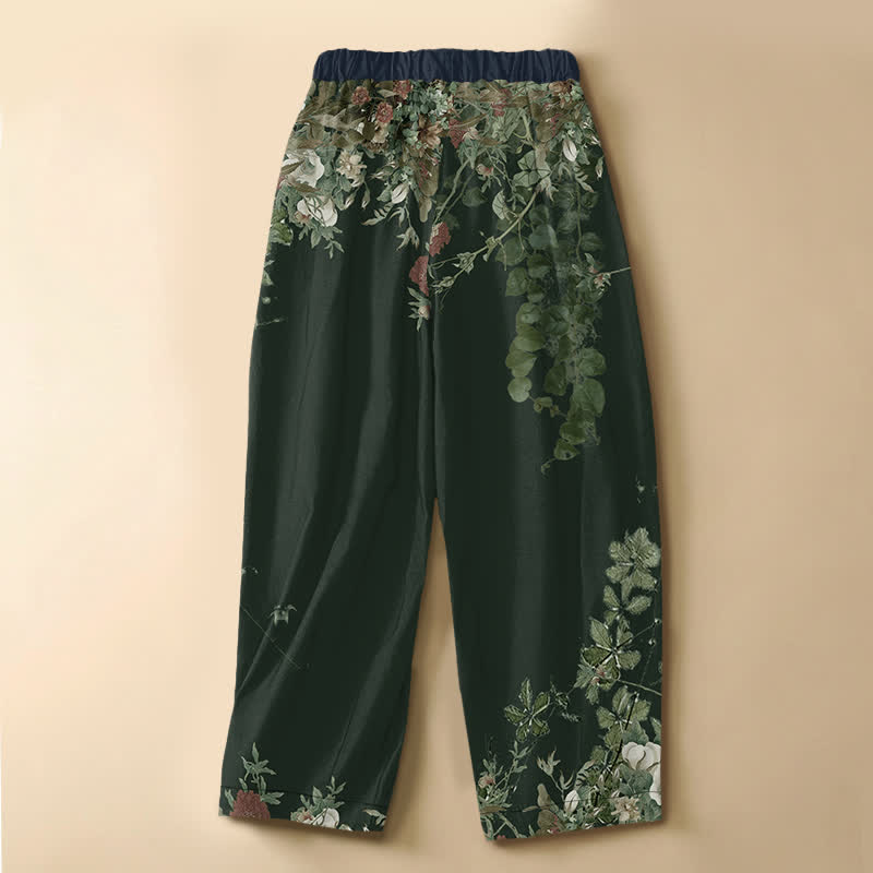 Buddha Stones Pantaloni harem da donna in puro cotone con motivo floreale vintage di peonie e viticci, chiusura con bottoni a rana e vita elasticizzata, con tasche. - image 6