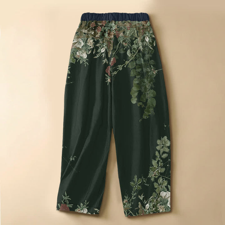 Buddha Stones Pantaloni harem da donna in puro cotone con motivo floreale vintage di peonie e viticci, chiusura con bottoni a rana e vita elasticizzata, con tasche. - image 6