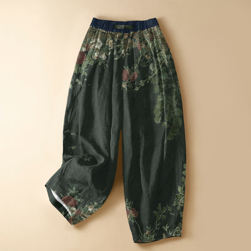 Buddha Stones Pantaloni harem da donna in puro cotone con motivo floreale vintage di peonie e viticci, chiusura con bottoni a rana e vita elasticizzata, con tasche. - Verde scuro - US16, UK/AU20, EU48 (3XL) - image 5
