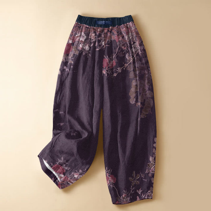 Buddha Stones Pantaloni harem da donna in puro cotone con motivo floreale vintage di peonie e viticci, chiusura con bottoni a rana e vita elasticizzata, con tasche. - Viola - US16, UK/AU20, EU48 (3XL) - image 7