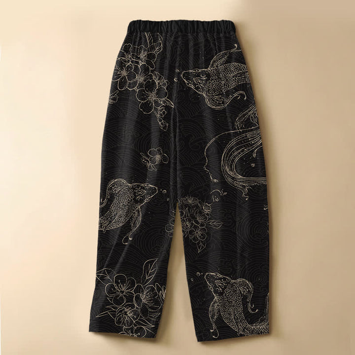 Buddha Stones Pantaloni harem da donna in puro cotone con motivo a pesci koi e fiori, bottoni a rana e vita elasticizzata, con tasche. - image 1