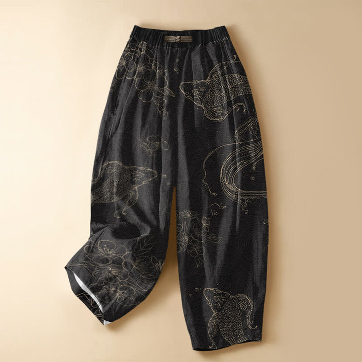 Buddha Stones Pantaloni harem da donna in puro cotone con motivo a pesci koi e fiori, bottoni a rana e vita elasticizzata, con tasche. - Nero - US16, UK/AU20, EU48 (3XL) - image 0
