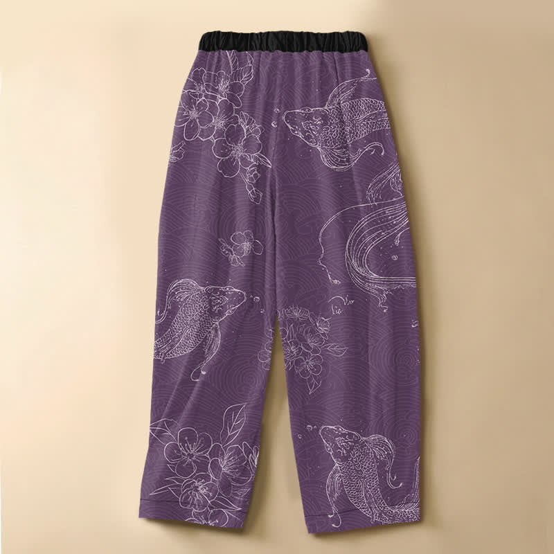 Buddha Stones Pantaloni harem da donna in puro cotone con motivo a pesci koi e fiori, bottoni a rana e vita elasticizzata, con tasche. - image 6