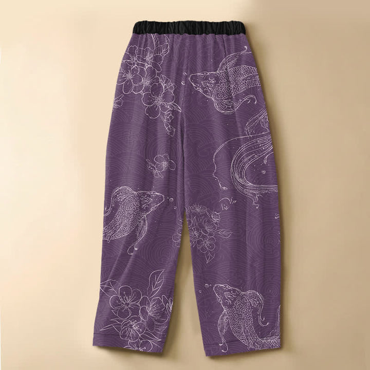 Buddha Stones Pantaloni harem da donna in puro cotone con motivo a pesci koi e fiori, bottoni a rana e vita elasticizzata, con tasche. - image 6