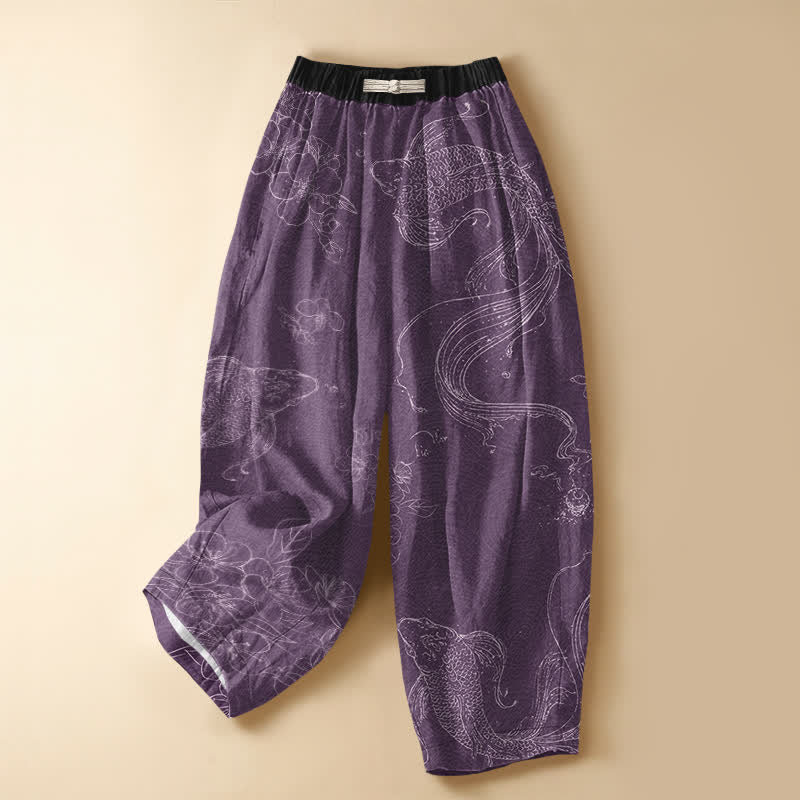 Buddha Stones Pantaloni harem da donna in puro cotone con motivo a pesci koi e fiori, bottoni a rana e vita elasticizzata, con tasche. - Viola - US16, UK/AU20, EU48 (3XL) - image 5