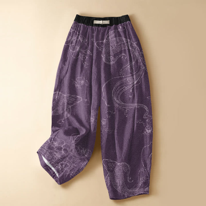 Buddha Stones Pantaloni harem da donna in puro cotone con motivo a pesci koi e fiori, bottoni a rana e vita elasticizzata, con tasche. - Viola - US16, UK/AU20, EU48 (3XL) - image 5