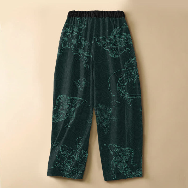 Buddha Stones Pantaloni harem da donna in puro cotone con motivo a pesci koi e fiori, bottoni a rana e vita elasticizzata, con tasche. - image 8