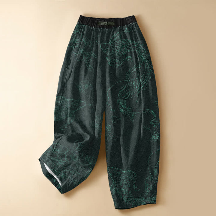 Buddha Stones Pantaloni harem da donna in puro cotone con motivo a pesci koi e fiori, bottoni a rana e vita elasticizzata, con tasche. - Verde acqua - US16, UK/AU20, EU48 (3XL) - image 7