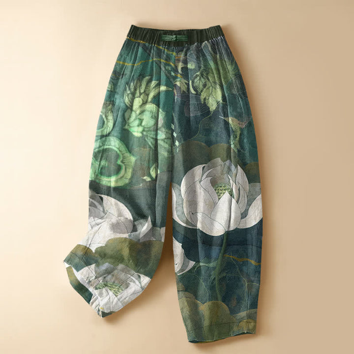 Buddha Stones Pantaloni harem da donna in puro cotone con motivo a foglie di loto bianche acquerellate, bottoni a rana e vita elasticizzata, con tasche. - Verde mare - US16, UK/AU20, EU48 (3XL) - image 0