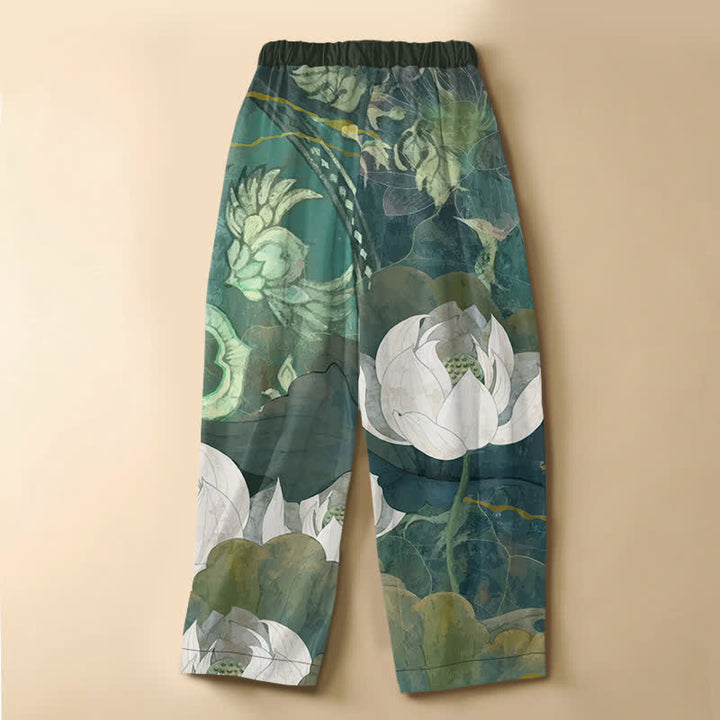 Buddha Stones Pantaloni harem da donna in puro cotone con motivo a foglie di loto bianche acquerellate, bottoni a rana e vita elasticizzata, con tasche. - image 1