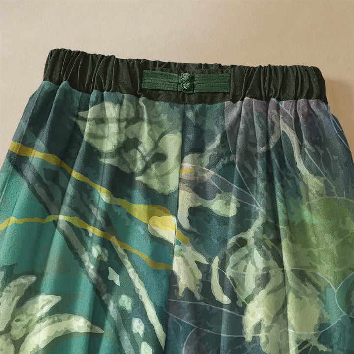 Buddha Stones Pantaloni harem da donna in puro cotone con motivo a foglie di loto bianche acquerellate, bottoni a rana e vita elasticizzata, con tasche. - image 2