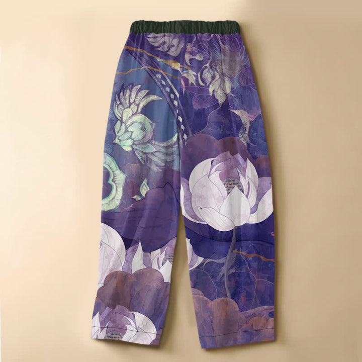 Buddha Stones Pantaloni harem da donna in puro cotone con motivo a foglie di loto bianche acquerellate, bottoni a rana e vita elasticizzata, con tasche. - image 6