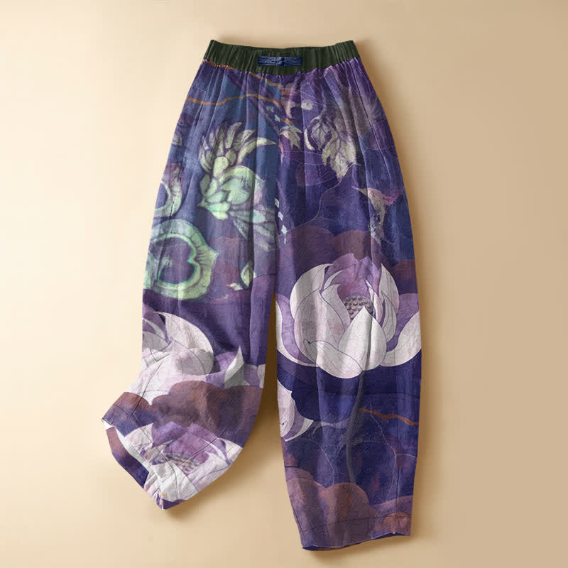 Buddha Stones Pantaloni harem da donna in puro cotone con motivo a foglie di loto bianche acquerellate, bottoni a rana e vita elasticizzata, con tasche. - Viola - US16, UK/AU20, EU48 (3XL) - image 5