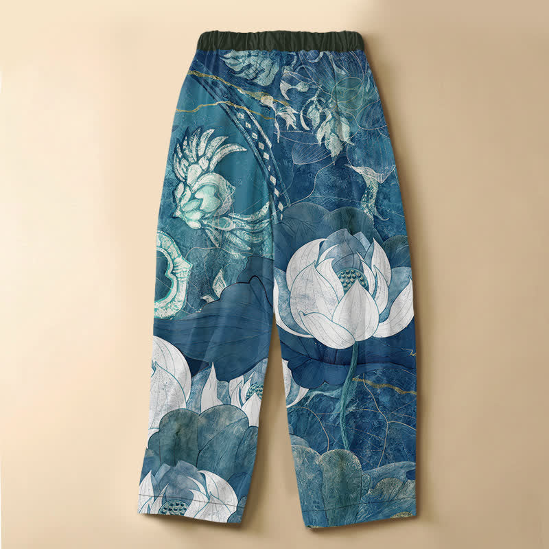 Buddha Stones Pantaloni harem da donna in puro cotone con motivo a foglie di loto bianche acquerellate, bottoni a rana e vita elasticizzata, con tasche. - image 8