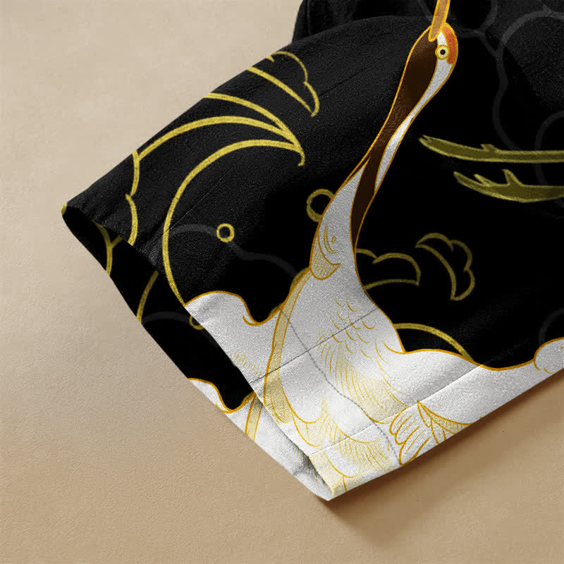 Buddha Stones Pantaloni harem da donna in puro cotone con motivo floreale orientale a gru, nuvole di buon auspicio e bottoni a rana, vita elasticizzata e tasche. - image 3
