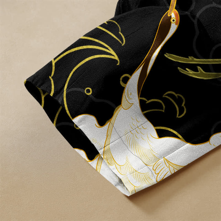 Buddha Stones Pantaloni harem da donna in puro cotone con motivo floreale orientale a gru, nuvole di buon auspicio e bottoni a rana, vita elasticizzata e tasche. - image 3