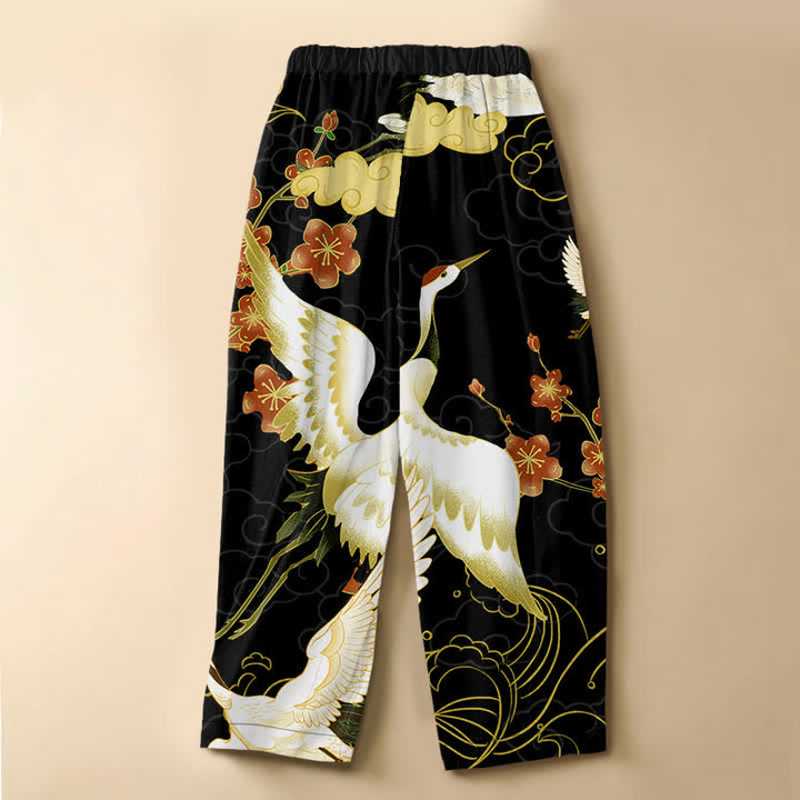 Buddha Stones Pantaloni harem da donna in puro cotone con motivo floreale orientale a gru, nuvole di buon auspicio e bottoni a rana, vita elasticizzata e tasche. - image 1