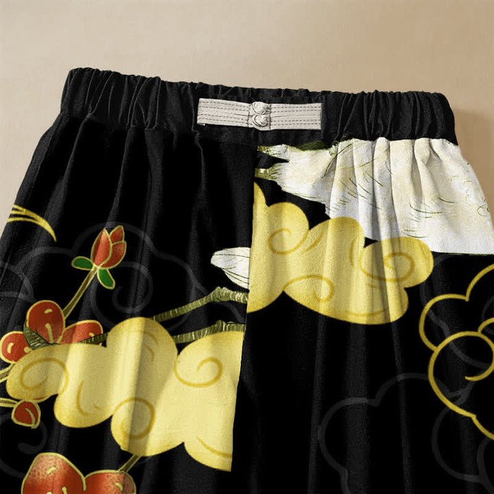 Buddha Stones Pantaloni harem da donna in puro cotone con motivo floreale orientale a gru, nuvole di buon auspicio e bottoni a rana, vita elasticizzata e tasche. - image 2