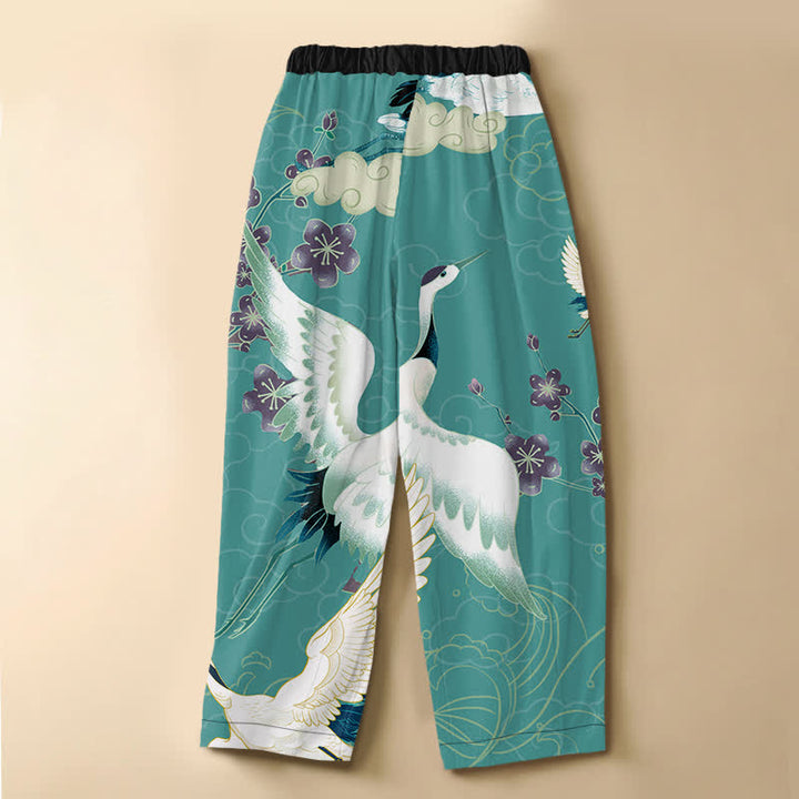 Buddha Stones Pantaloni harem da donna in puro cotone con motivo floreale orientale a gru, nuvole di buon auspicio e bottoni a rana, vita elasticizzata e tasche. - image 6