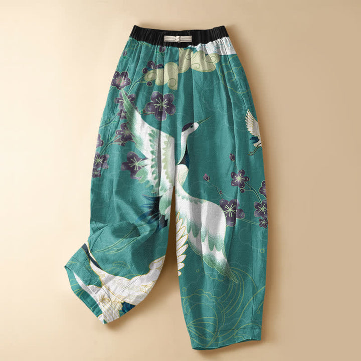 Buddha Stones Pantaloni harem da donna in puro cotone con motivo floreale orientale a gru, nuvole di buon auspicio e bottoni a rana, vita elasticizzata e tasche. - Turchese - US16, UK/AU20, EU48 (3XL) - image 5