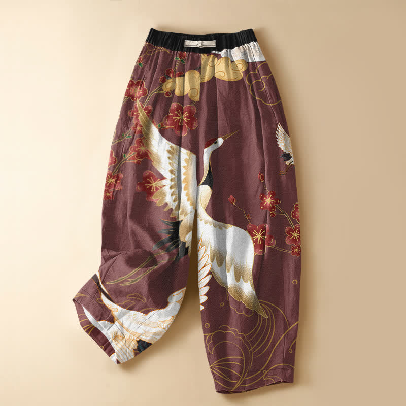 Buddha Stones Pantaloni harem da donna in puro cotone con motivo floreale orientale a gru, nuvole di buon auspicio e bottoni a rana, vita elasticizzata e tasche. - Marrone - US16, UK/AU20, EU48 (3XL) - image 7