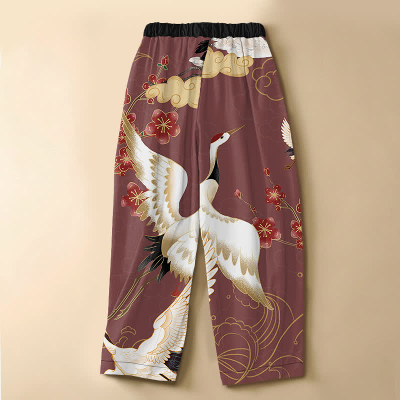 Buddha Stones Pantaloni harem da donna in puro cotone con motivo floreale orientale a gru, nuvole di buon auspicio e bottoni a rana, vita elasticizzata e tasche. - image 8