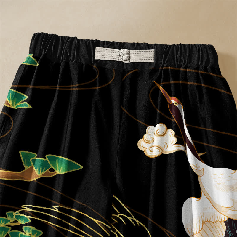 Buddha Stones Pantaloni harem da donna in puro cotone con motivo a gru volanti orientali, nuvole, bottoni a rana e vita elasticizzata con tasche. - image 2