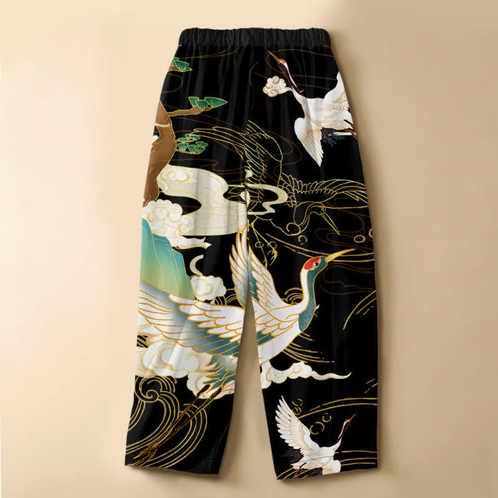 Buddha Stones Pantaloni harem da donna in puro cotone con motivo a gru volanti orientali, nuvole, bottoni a rana e vita elasticizzata con tasche. - image 1