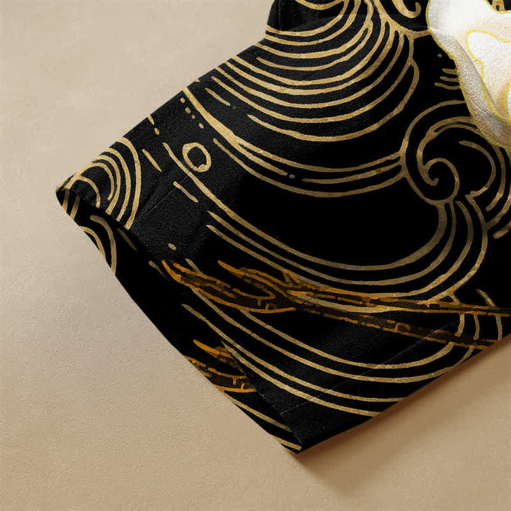 Buddha Stones Pantaloni harem da donna in puro cotone con motivo a gru volanti orientali, nuvole, bottoni a rana e vita elasticizzata con tasche. - image 3